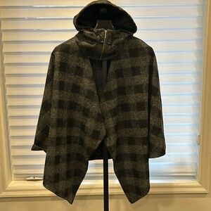 Black and grey check poncho with hood